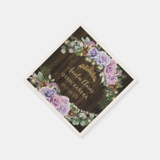 Rustikaler verzauberter Wald Lila Blüte Quinceañer Serviette (Ecke)
