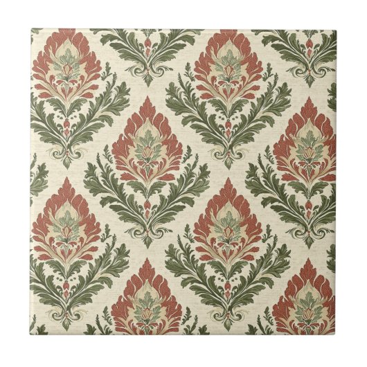 Rustikaler Vintage-Damask Rot Grün Beige Fliese (Vorderseite)