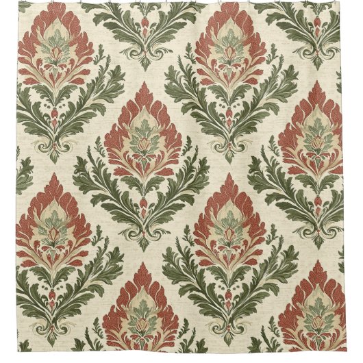 Rustikaler Vintage-Damaskus Rot Grün Beige Duschvorhang (Vorderseite)