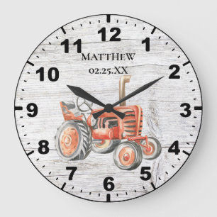 Rustikaler Vintage-Rot-Traktor auf Hintergrund aus Große Wanduhr