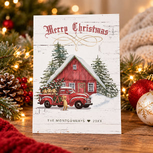 Rustikaler Vintage-Roter-LKW-Hunde-Farmhouse-Weihn Feiertagskarte