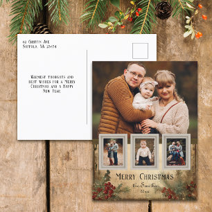 Rustikaler Vintage-Stil Vier-Foto-Weihnachtsflor Feiertagspostkarte
