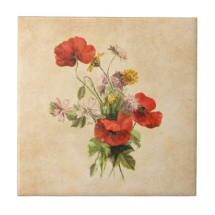 Rustikaler Vintage-Strauß Rote Mohn Wilde Blumen Fliese