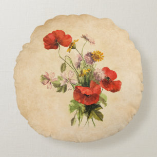 Rustikaler Vintage-Strauß rote Mohnblumen Wildblum Rundes Kissen