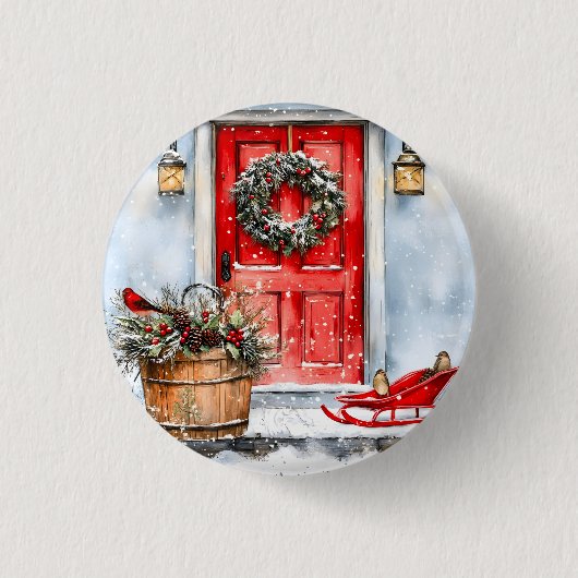 Rustikaler Vintage-Weihnachts-Türkränze in Rot Button (Vorderseite)