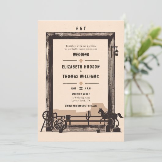Rustikaler Vintager Cowboy-Hochzeitsrahmen Einladung (Stehend Vorderseite)