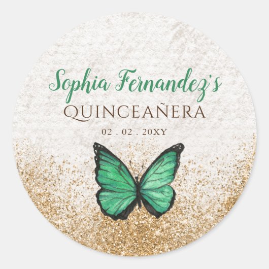 Rustikaler Vintager Emerald Green Gold Butterfly Runder Aufkleber (Vorderseite)