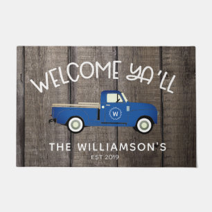 Rustikaler Vintager Lkw auf Barnwood-Familienname Fußmatte