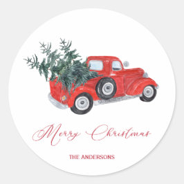 Rustikaler Vintager roter LKW mit Weihnachtsbäumen Runder Aufkleber