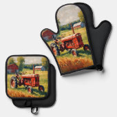 Rustikaler, Vintager roter Traktor Ofenhandschuh & Topflappen-Set (Vorderseite/Rückseite)