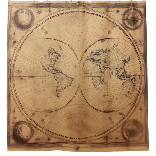 Rustikaler Vintager Weltkarte Globe Duschvorhang (Vorderseite)