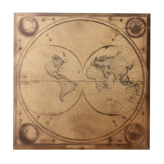 Rustikaler Vintager Weltkarte Globe Fliese (Vorderseite)