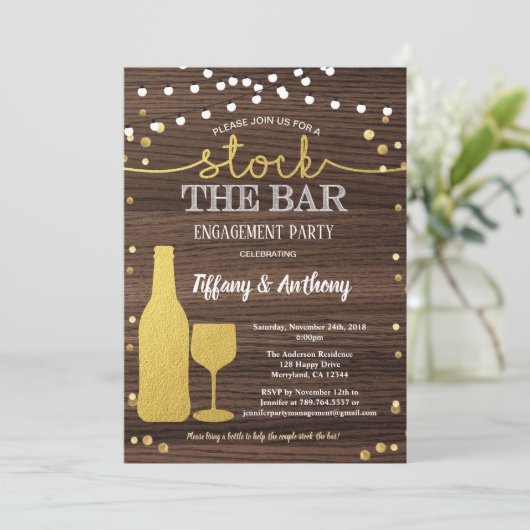 Rustikaler Vorrat das Bar-Verlobungs-Partygold Einladung (Stehend Vorderseite)