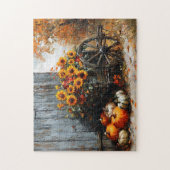 Rustikaler Wagen mit Pumpkins und Sonnenblumen Puzzle (Vertikal)