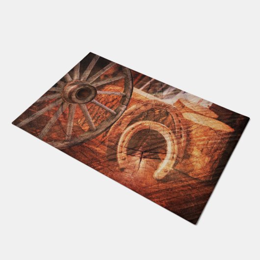 Rustikaler Wagenrad-Hufeisen Western Style Fußmatte (Schrägansicht)