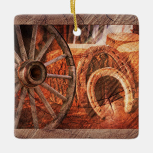 Rustikaler Wagenrad-Hufeisen Western Style Keramikornament