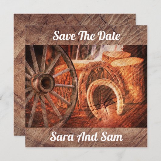Rustikaler Wagenrad-Hufeisen Western Style Save The Date (Vorne/Hinten)
