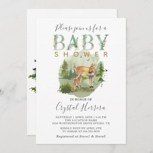 Rustikaler Wald Aquarell Hirschdusche Einladung (Vorne/Hinten)