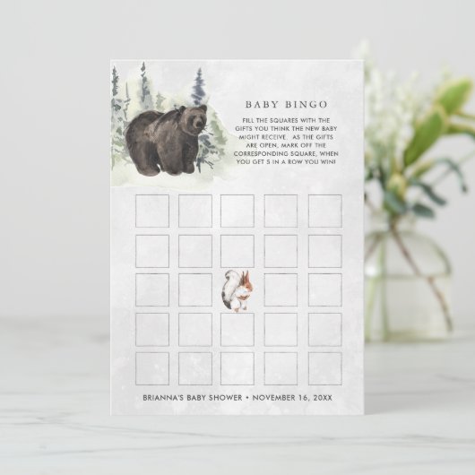 Rustikaler Wald | Babydusche Bingo Card Einladung (Stehend Vorderseite)