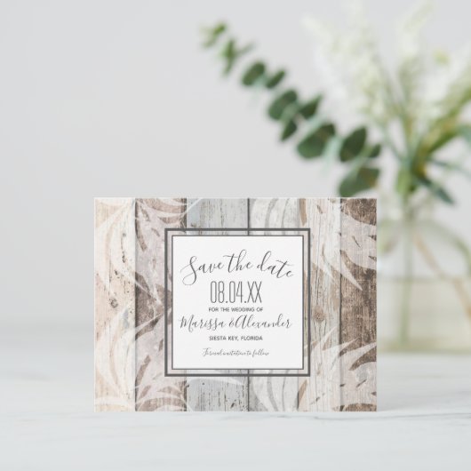 Rustikaler Wald Beach Palm Tree retten die Daten Ankündigungspostkarte (Stehend Vorderseite)