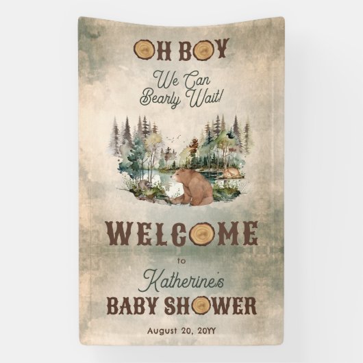 Rustikaler Wald Bearly Wait Baby Dusche Willkommen Banner (Vertikal)