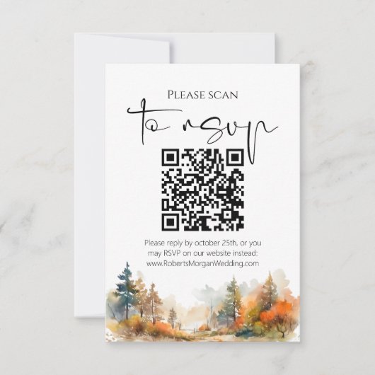 Rustikaler Wald Herbstwald QR-Code Hochzeit RSVP Karte (Vorderseite)
