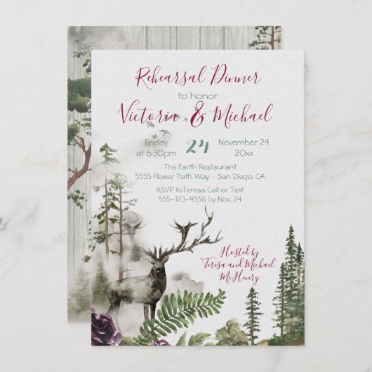 Rustikaler Wald Hirsche Probe Abendessen Einladung (Vorne/Hinten)