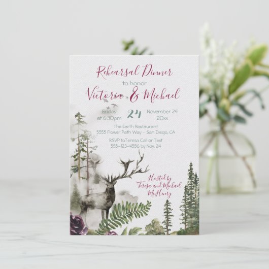 Rustikaler Wald Hirsche Probe Abendessen Einladung (Stehend Vorderseite)