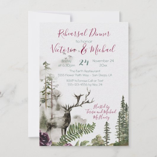 Rustikaler Wald Hirsche Probe Abendessen Einladung (Vorderseite)