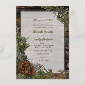 Rustikaler Wald Hochzeit dunkles Holz Evergreen Bo Einladung