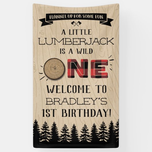 Rustikaler Wald Kariert Lumberjack Boys 1. Geburts Banner (Vertikal)