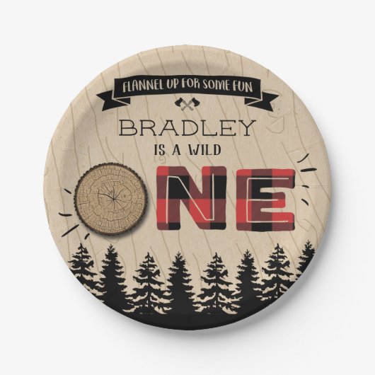Rustikaler Wald Kariert Lumberjack Boys 1. Geburts Pappteller (Vorderseite)