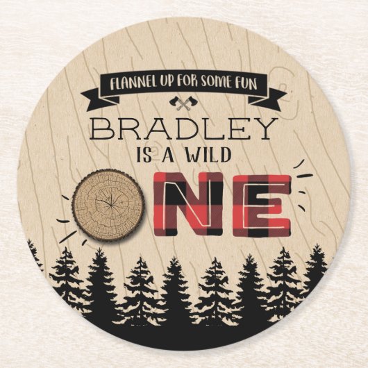 Rustikaler Wald Kariert Lumberjack Boys 1. Geburts Runder Pappuntersetzer (Vorderseite)