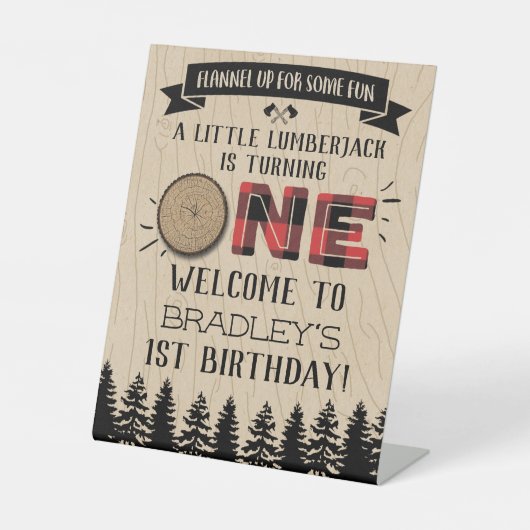 Rustikaler Wald Kariert Lumberjack Boys 1. Geburts Sockelschild (Vorderseite)