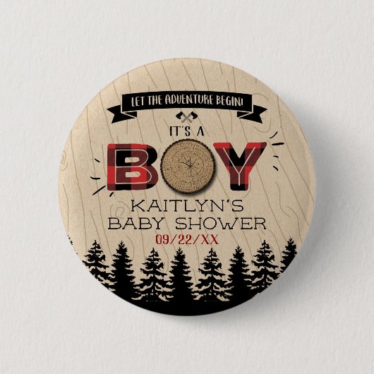 Rustikaler Wald Kariert Lumberjack Boys Babydusche Button (Vorderseite)