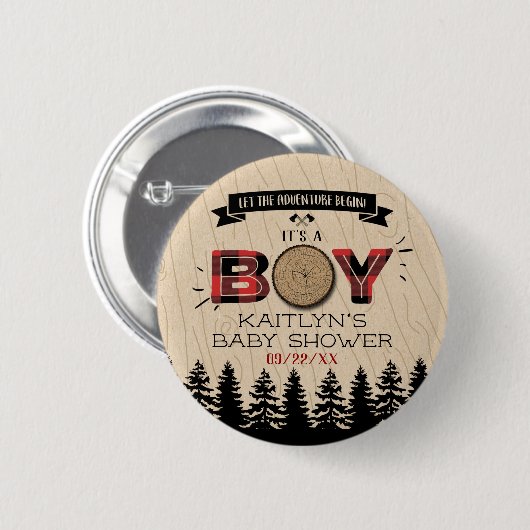 Rustikaler Wald Kariert Lumberjack Boys Babydusche Button (Vorne & Hinten)