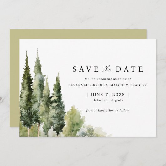 Rustikaler Wald | Moderne Grüne Hochzeit im Freien Save The Date (Vorne/Hinten)