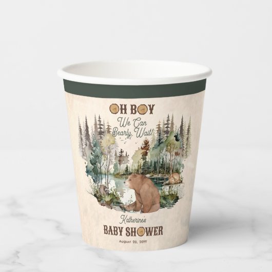 Rustikaler Wald Oh Boy Bearly Wait Baby Dusche Pappbecher (Vorderseite)