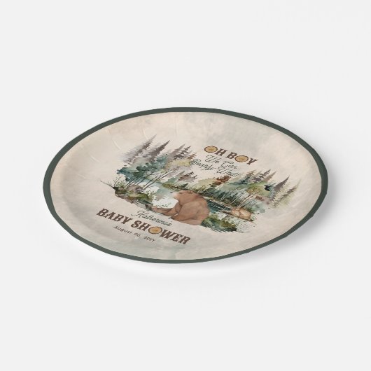 Rustikaler Wald Oh Boy Bearly Wait Baby Dusche Pappteller (Schrägansicht)