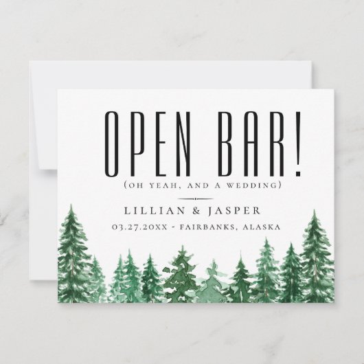 Rustikaler Wald OPEN BAR Save the Date Spaß Ankündigung (Vorderseite)