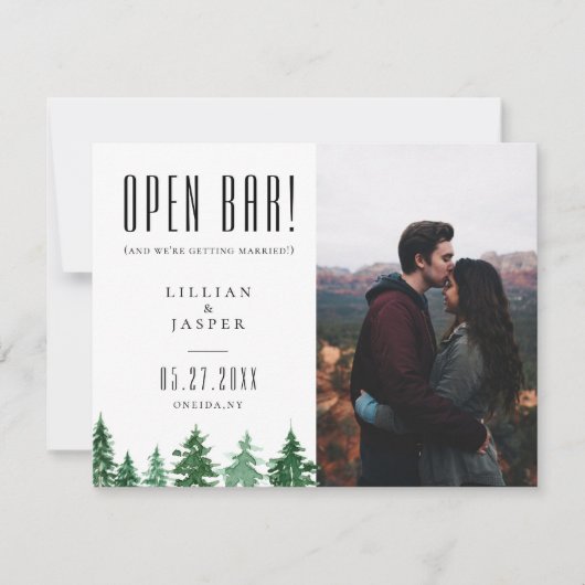 Rustikaler Wald OPEN BAR Save the Date Spaß Ankündigung (Vorderseite)