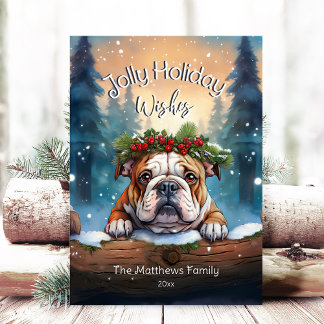 Rustikaler Wald Peeking Bulldog Jolly Feiertagskarte