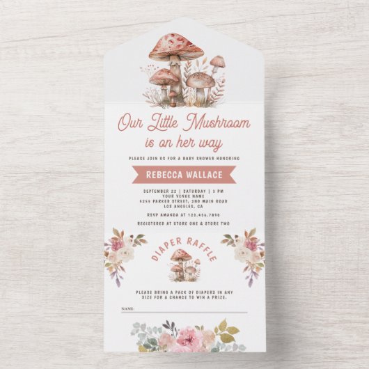 Rustikaler Wald Pink Mushroom Kinderdusche All In One Einladung (Innen Boden)