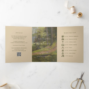 Rustikaler Wald QR Code Elegante Hochzeit Dreifach Gefaltete Einladung