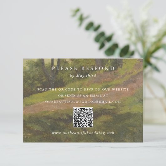 Rustikaler Wald QR-Code Elegante Hochzeit RSVP Karte (Stehend Vorderseite)