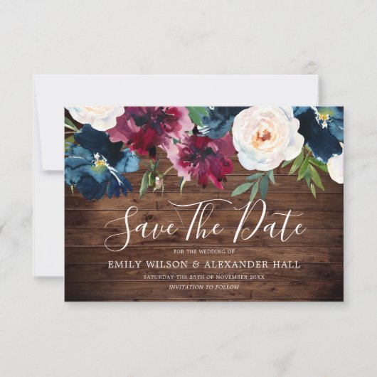 Rustikaler Wald Roter Wein Burgund Blume Hochzeit Save The Date (Vorderseite)