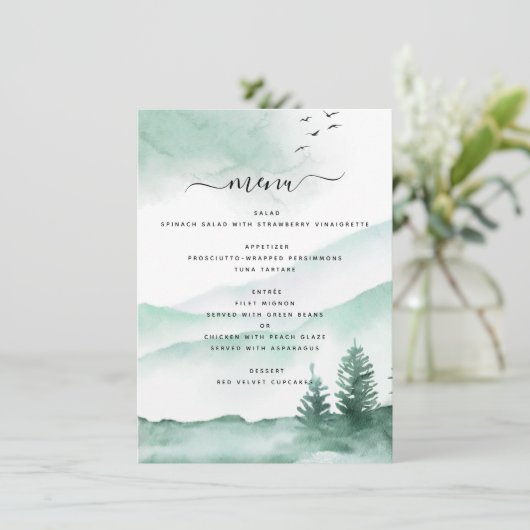 Rustikaler Wald Wasserfarbe Moderne Menükarte (Stehend Vorderseite)