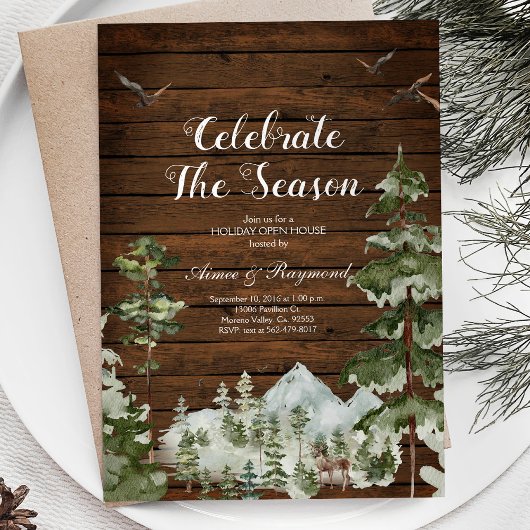 Rustikaler Wald Winter Feiern die Saison Open Hous Einladung