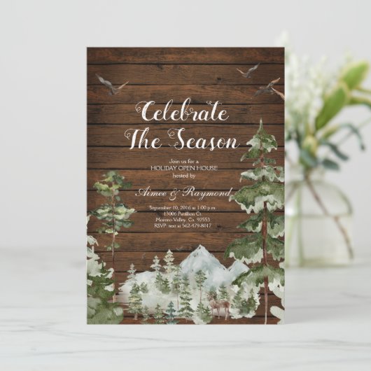 Rustikaler Wald Winter Feiern die Saison Open Hous Einladung (Stehend Vorderseite)