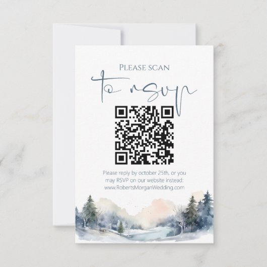 Rustikaler Wald Winterwald QR-Code Hochzeit RSVP Karte (Vorderseite)